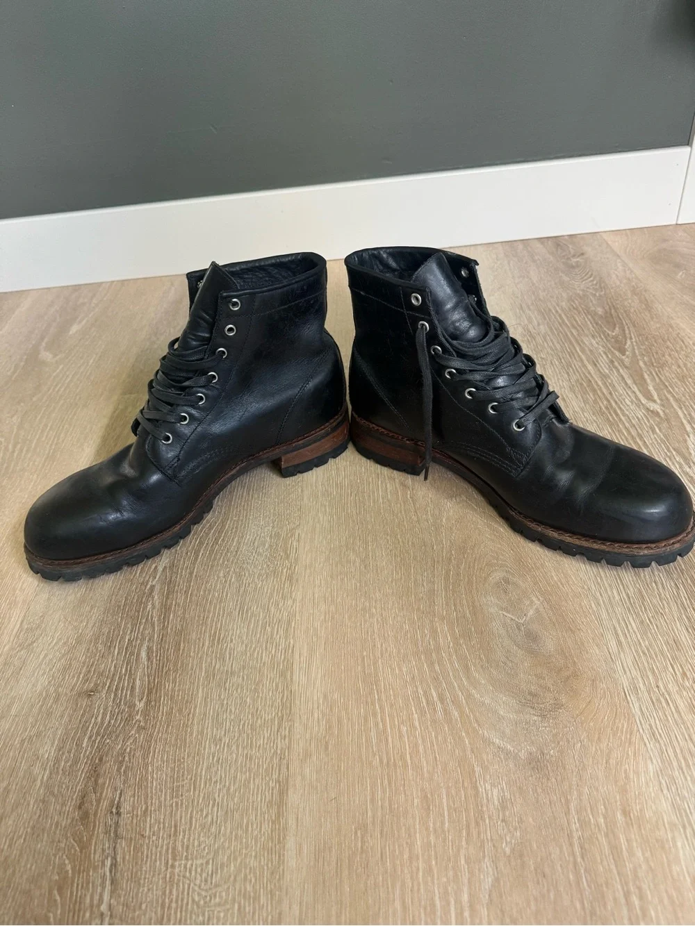 Frye Black Leather Lace-Up Lug Sole Boots